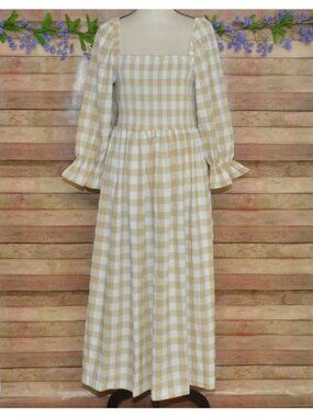 NWT Mud Pie Large Byerly Midi Dress Tan Gingham Plaid Smocked Cottagecore Ruffle